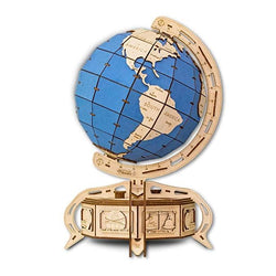 EWA Eco-Wood-Art Model Globe (Blue) l Wooden 3D Puzzle DIY Mechanical Kit with Secret Lock-Box - GeekDawn